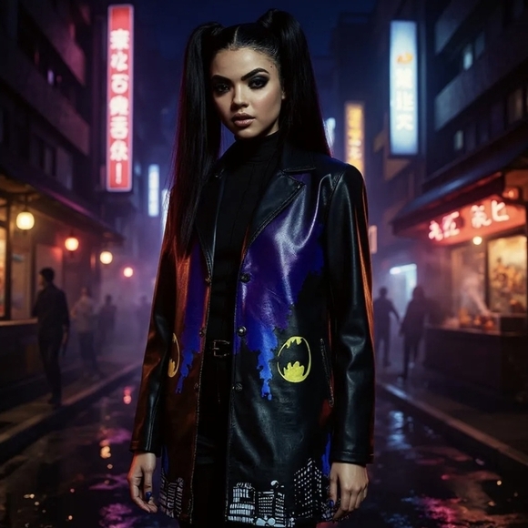 DC ✦ Batman Trench Coat ✦ Gotham City Print Vegan Leather Graphic Back Size L - Picture 8 of 9